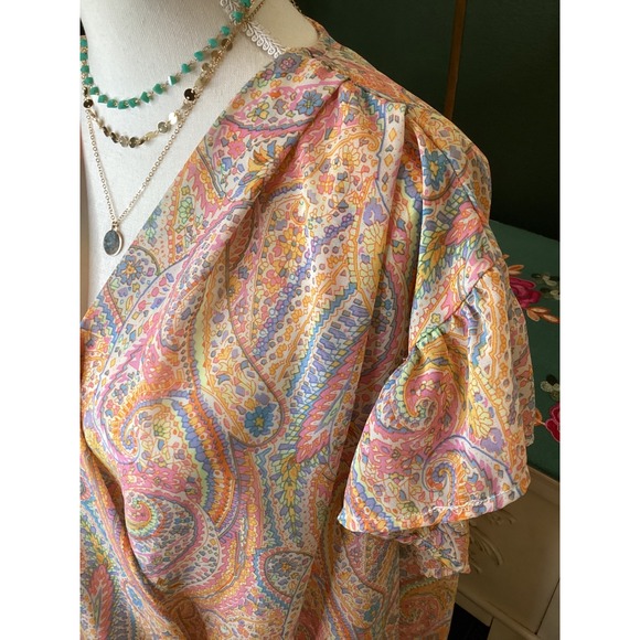 Umgee USA Pastel Paisley Bubble Hem Blouse Pink Orange Blue Medium - Picture 2 of 5